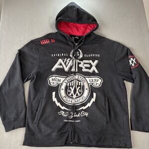 Y2K 90s Avirex Black Embellished Logo Zip Up Hoodie Mens 2XL XXL Streetwear NYC